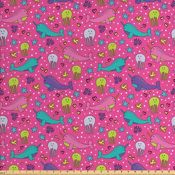 Cartoon Upholstery Fabric by the Yard, Colorful Fun Pattern with Narwhal and Jellyfish Stars Hearts, Decorative Fabric for DIY and Home Accents, Pink Multicolor by Ambesonne