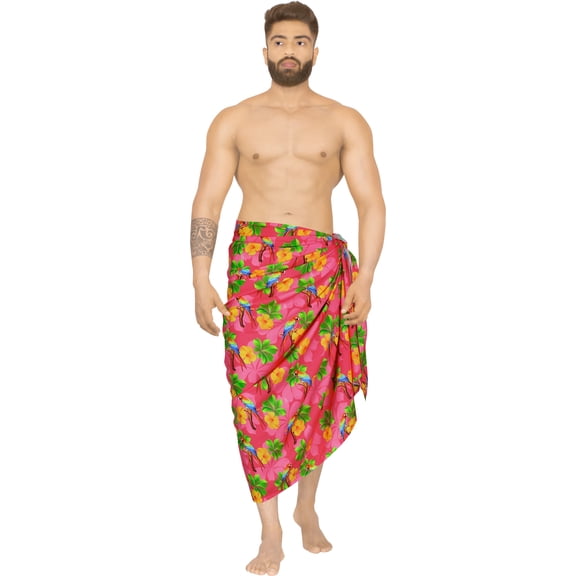HAPPY BAY Men's Pareo Regular Holiday Sarong Long Beach Wrap One Size Pink, Tropical Parrot Summer Vacation Aloha