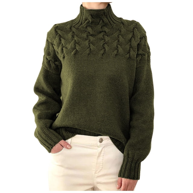 FAIWAD Women's Sweaters Turtleneck Long Sleeve Ribbed Cable Knit Solid Color Baggy Pullover Tops