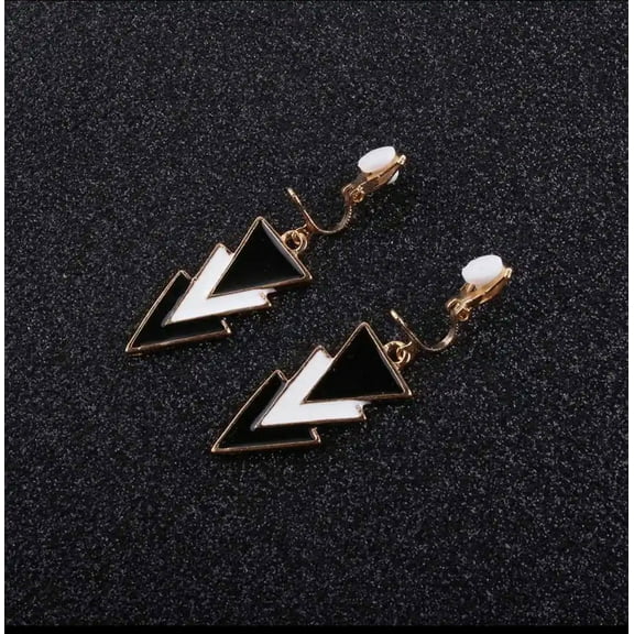 Clip on 1 3/4" gold, black and white pointed dangle earrings