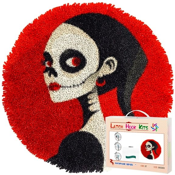 Latch Hook Rug Kit Halloween Skull Girl Stamped Handmade Round Shape Carpet Crochet Yarn Craft DIY Hook and Latch Door Mat Tapestry for Christmas Home Floor Decor 50x50cm(1)