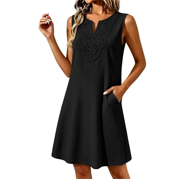 Pumxq Boho Dresses for Women Casual Sleeveless Cotton Midi Linen Dress Summer Flowy Beach Vacation Sundresses Black L
