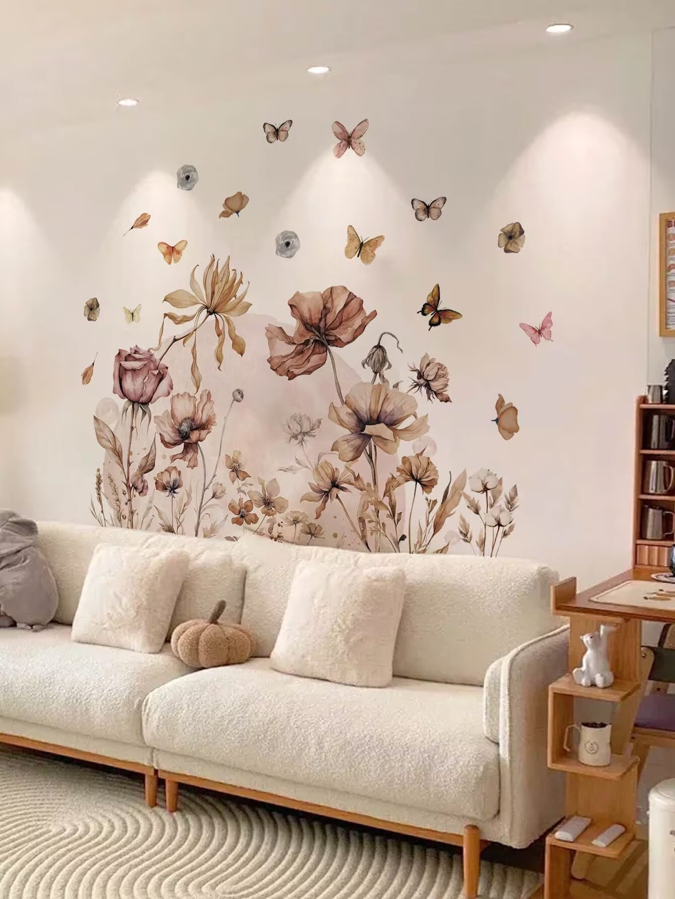 Boho Flower Wall Decals Garden Floral Butterflies Wildflower Wall Stickers Removable Self-Adhesive Vinyl Wall Clings for Living Room Bedroom Sofa TV Background Wall Art Decor