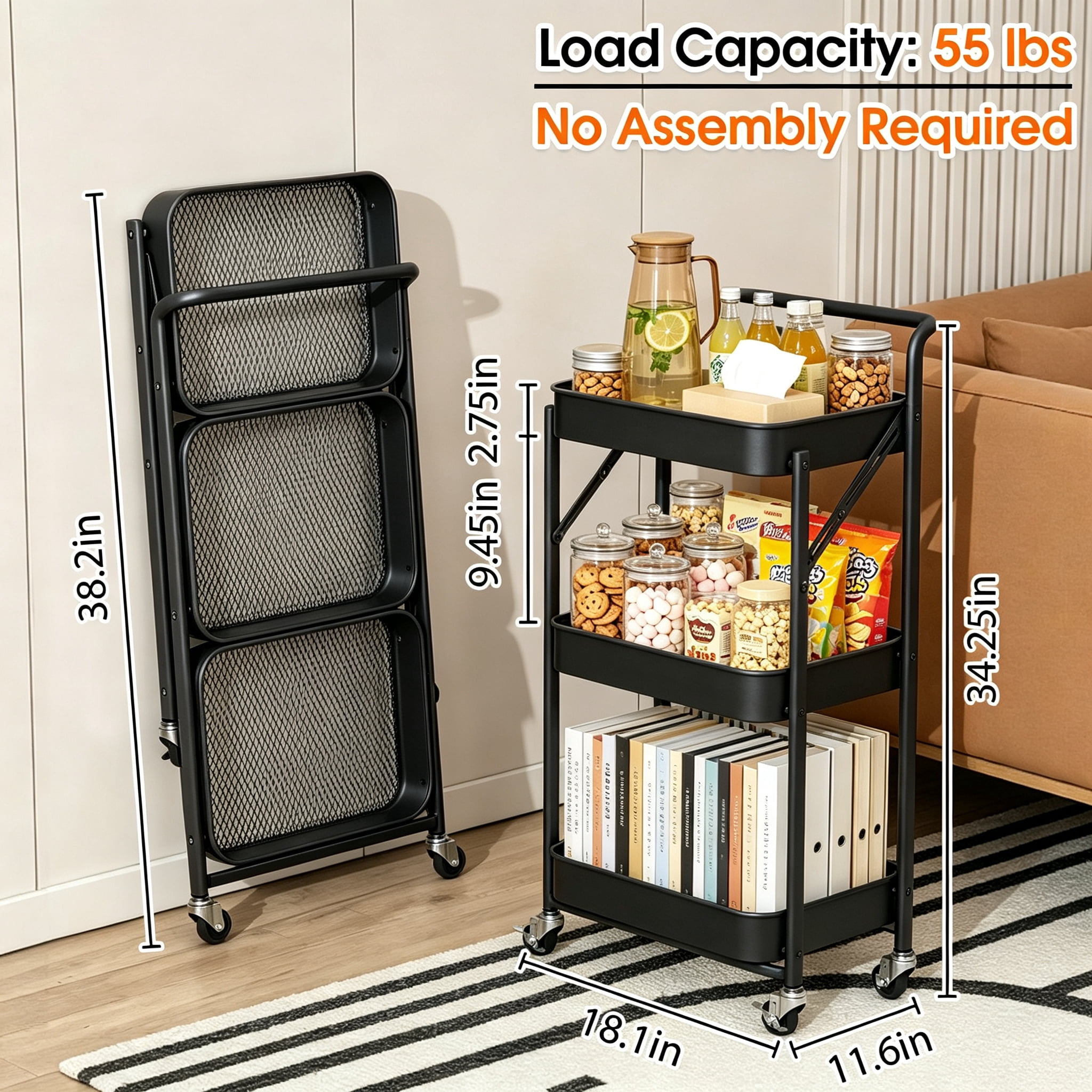 GARITIN 3 Tier Folding Rolling Cart, Folding Utility Cart with Lockable Wheels and Handle, Mobile Foldable Storage Cart Organizer for Kitchen, Bathroom, Office, Living Room, Black
