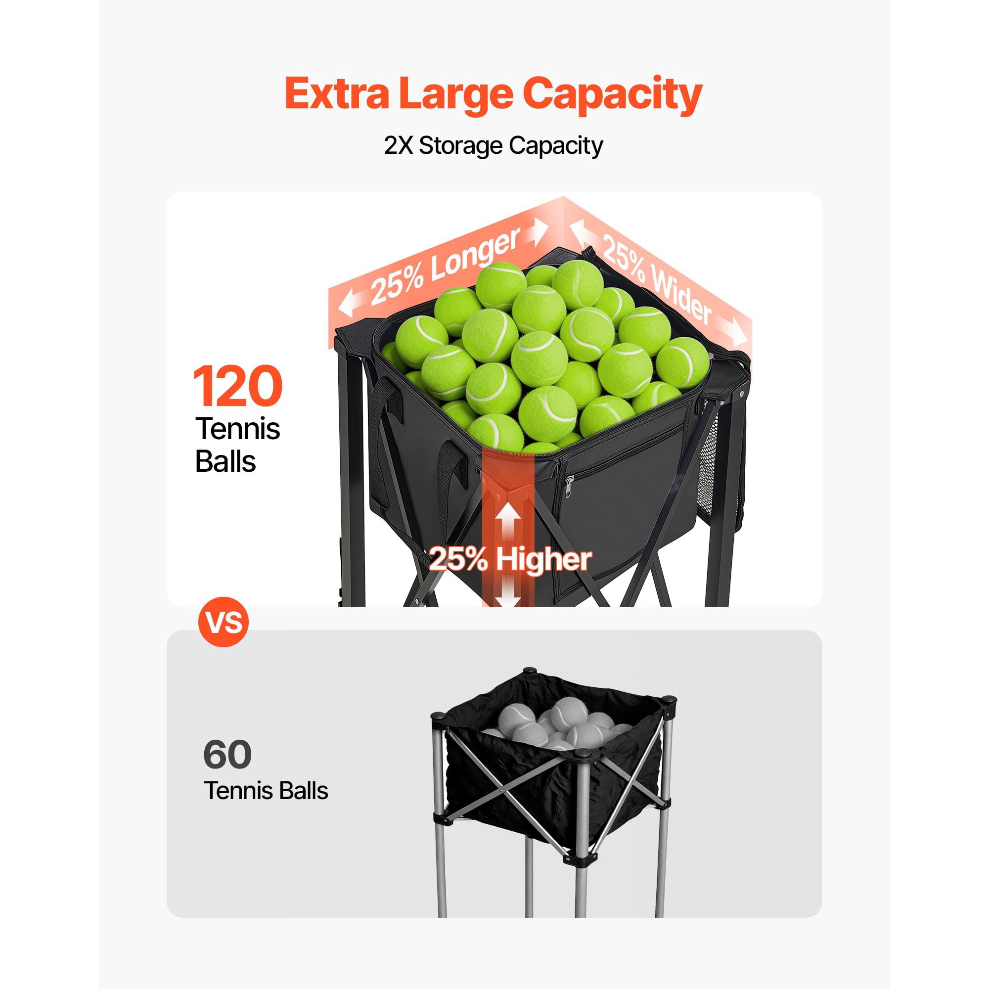 Tennis Pickleball ball funnel for 120 balls, foldable cart with wheels, lightweight aluminum, storage bag for training