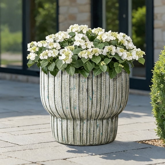 LuxenHome 16" Dia Distressed Green Large Plant Pot, Cement Indoor Outdoor Planter with Drainage