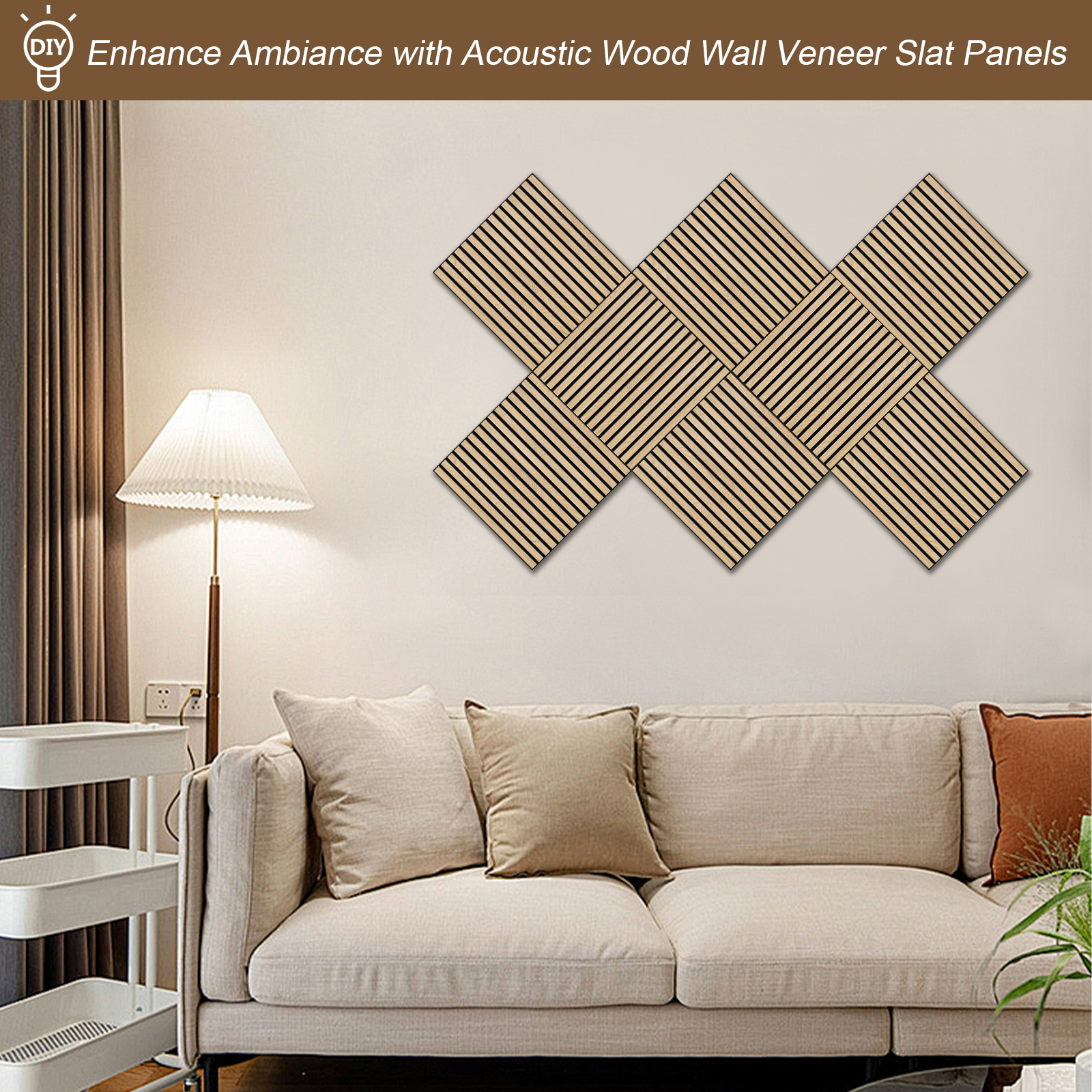 UNISOAR 23.6" x 23.6" Genuine Wood Veneer Acoustic DIY Wall Panels 3D Slat Decorative (4 Pcs)