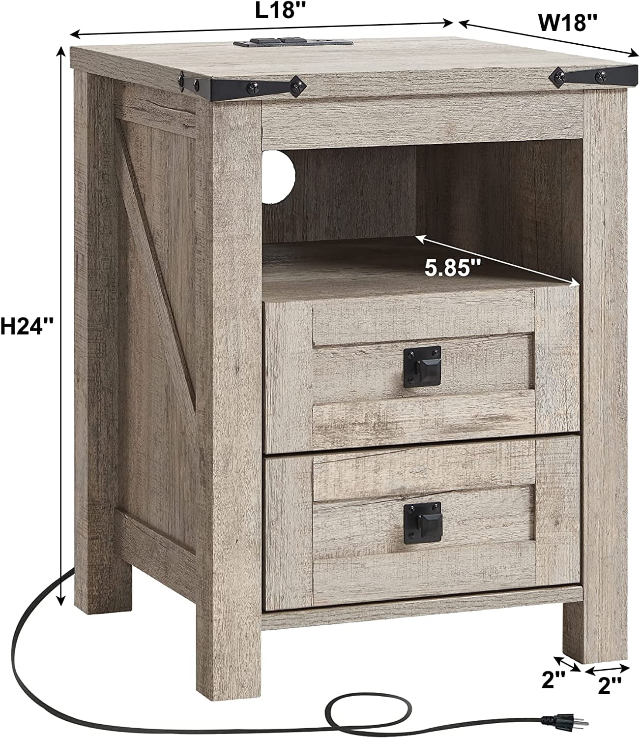 OKD Farmhouse Nightstand with Charging Station for Bedroom, 2-Drawer Rustic End Tables for Living Room, Light Rustic Oak