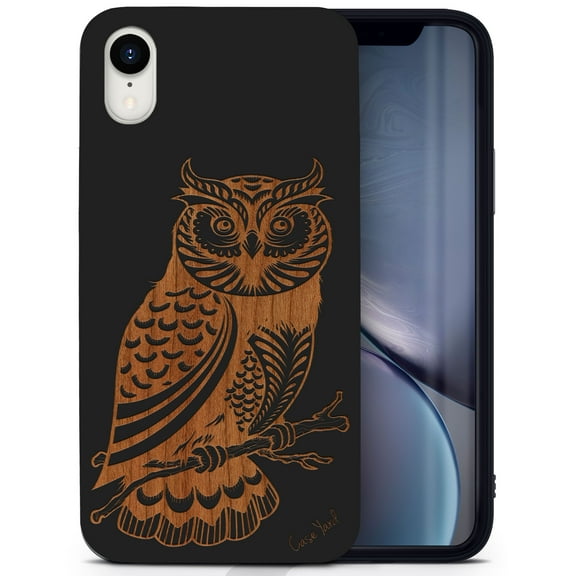 Wood phone case for iPhone XR compatible protective cell phone cover shockproof slim fit laser engraved Owl 2 design Black wood case for Men & Women by CaseYard
