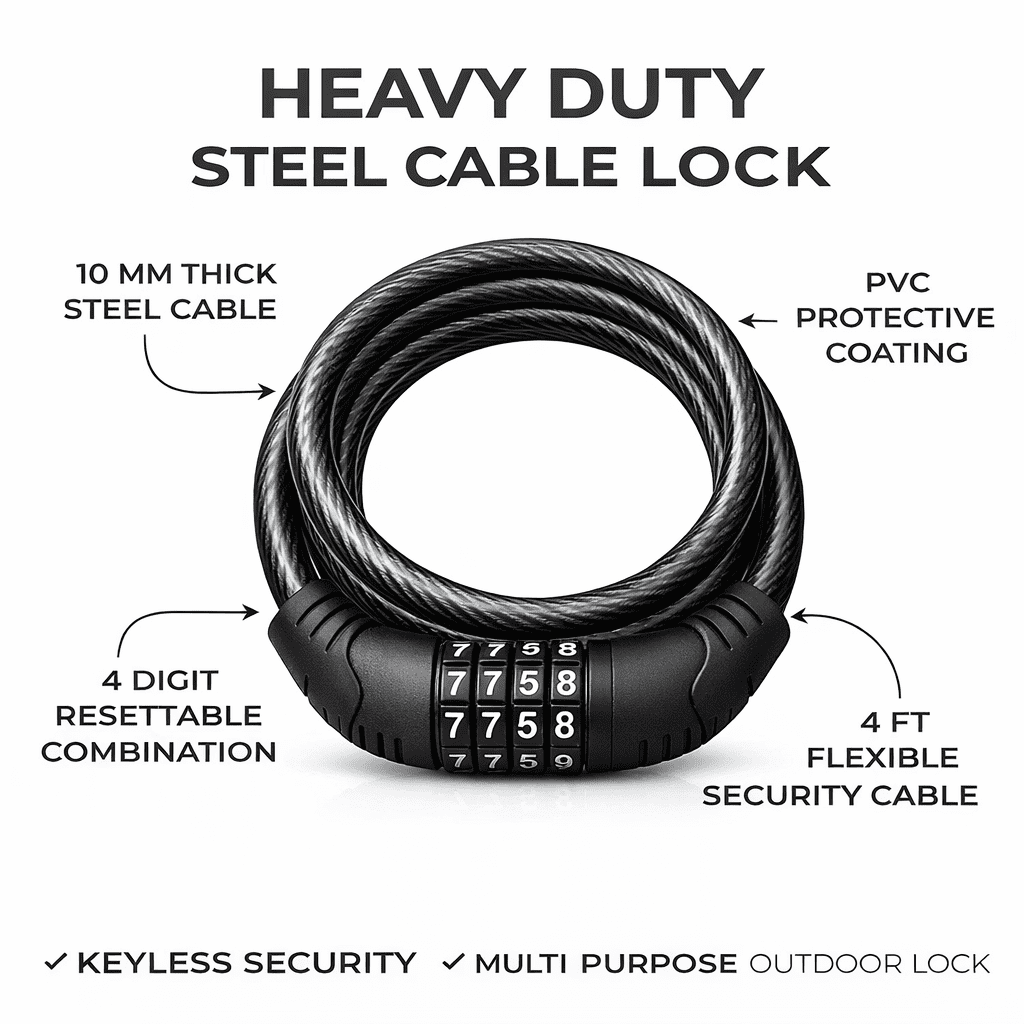 4-Pack Steel Combination Bike Lock Set 4 ft Cable, Resettable 4-Digit Code Black