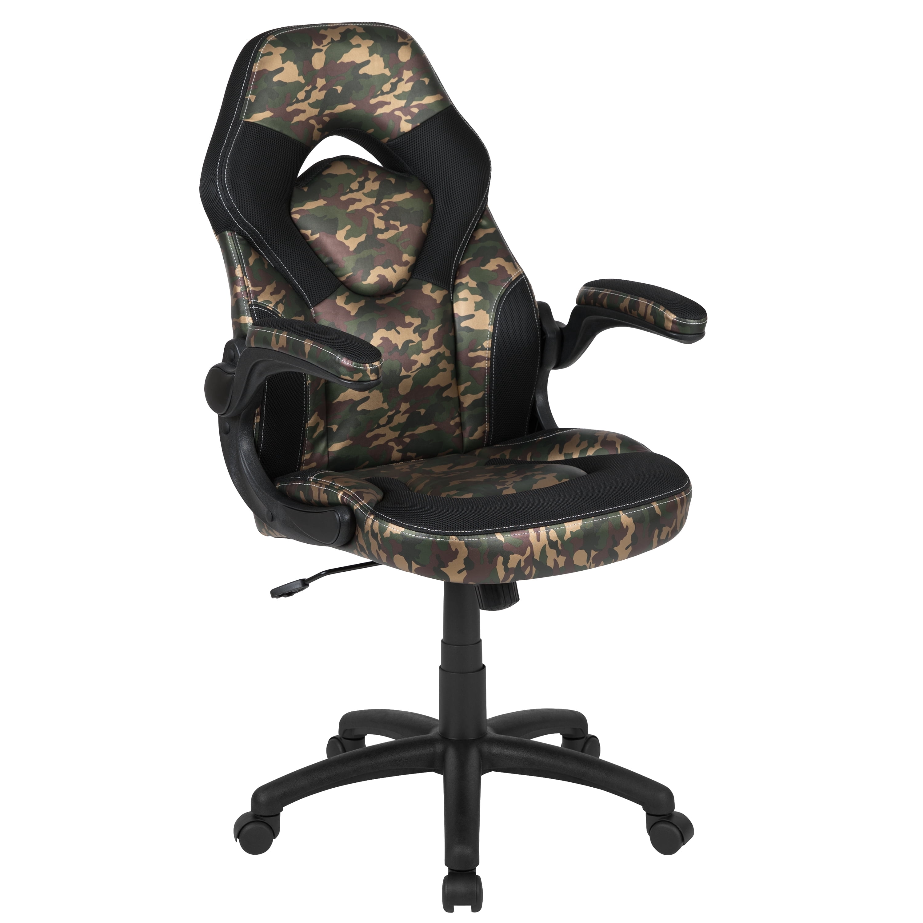 BlackArc High Back Gaming Chair with Camo and Black Faux Leather Upholstery, Height Adjustable Swivel Seat & Padded Flip-Up Arms