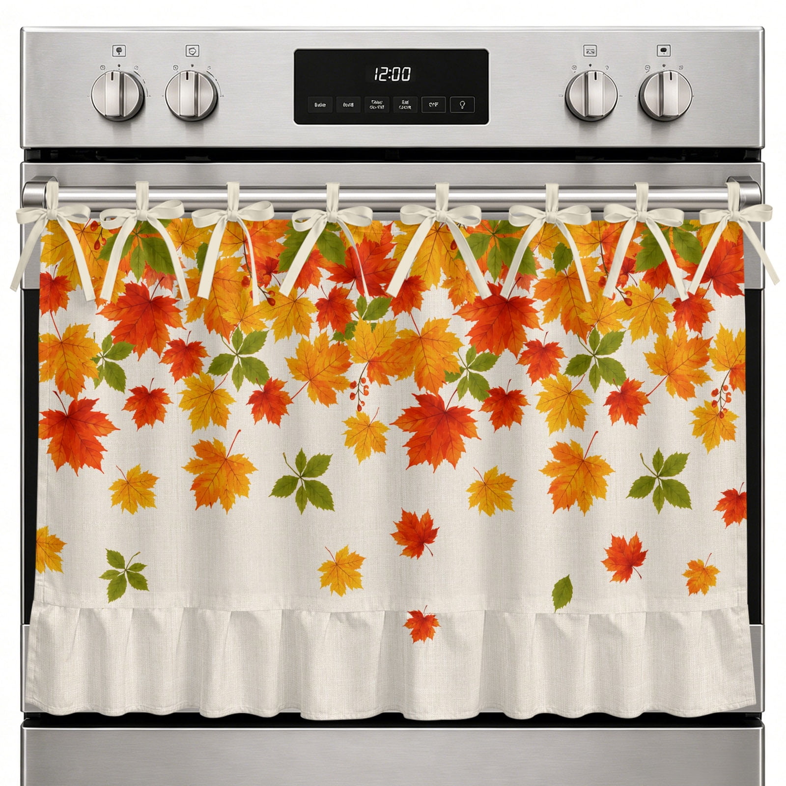 Farmhouse Oven Skirt Curtain Fall Leaves Oven Curtain Tie Top Thanksgiving Autumn Farmhouse Maple Beige Stove Skirt Curtains with Ties&Ruffle Trim Dishwasher Skirts Curtains Cover for Cabinet 27 x20