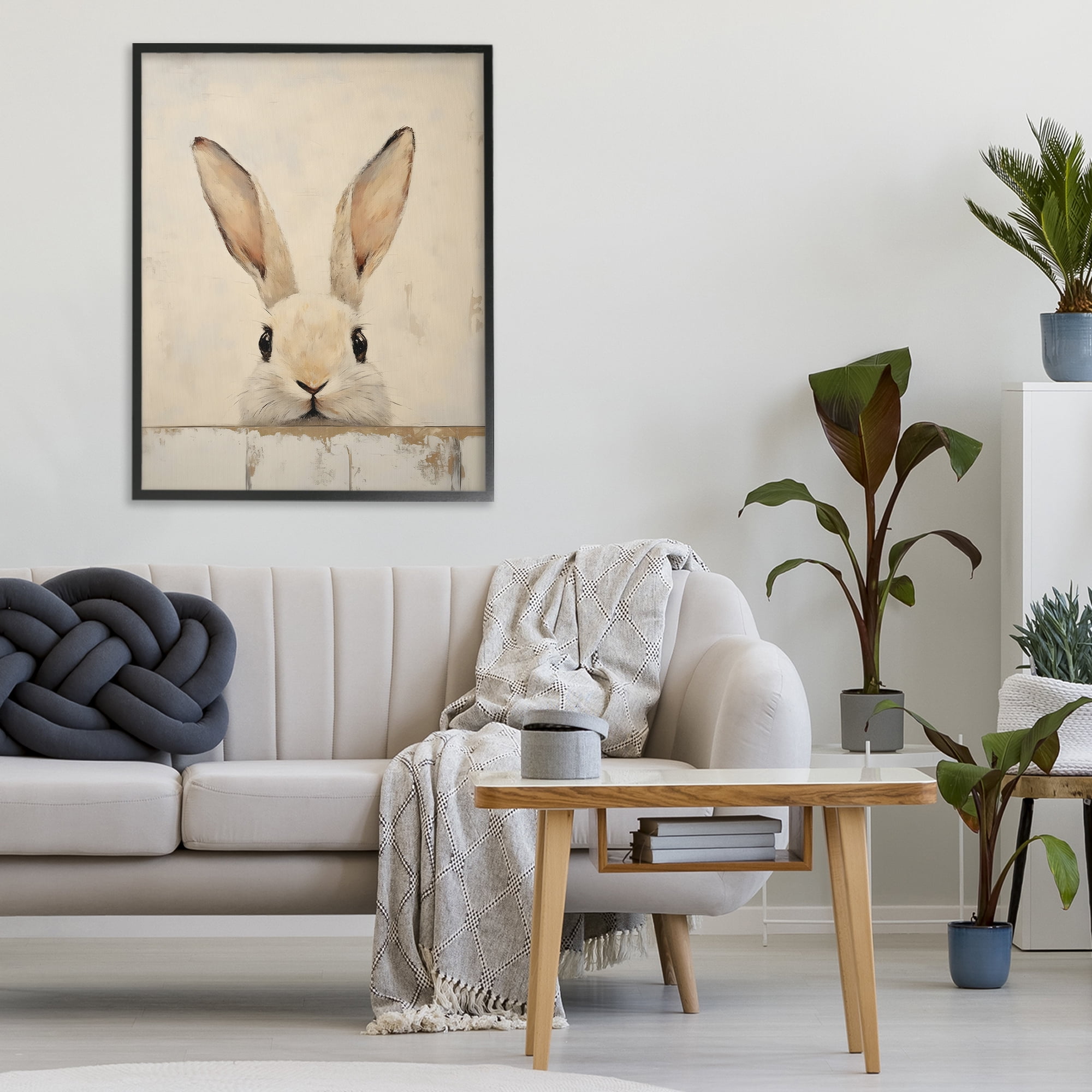Stupell Industries Peeking Bunny in Soft Neutrals Black Framed Giclee Art, design by LSR Design Studio
