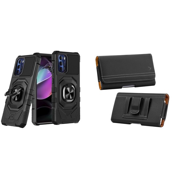 Case with Belt Holster Bundle for Moto G 5G 2022: Heavy Duty Shield Cover (Black) and PU Leather Magnetic Phone Pouch