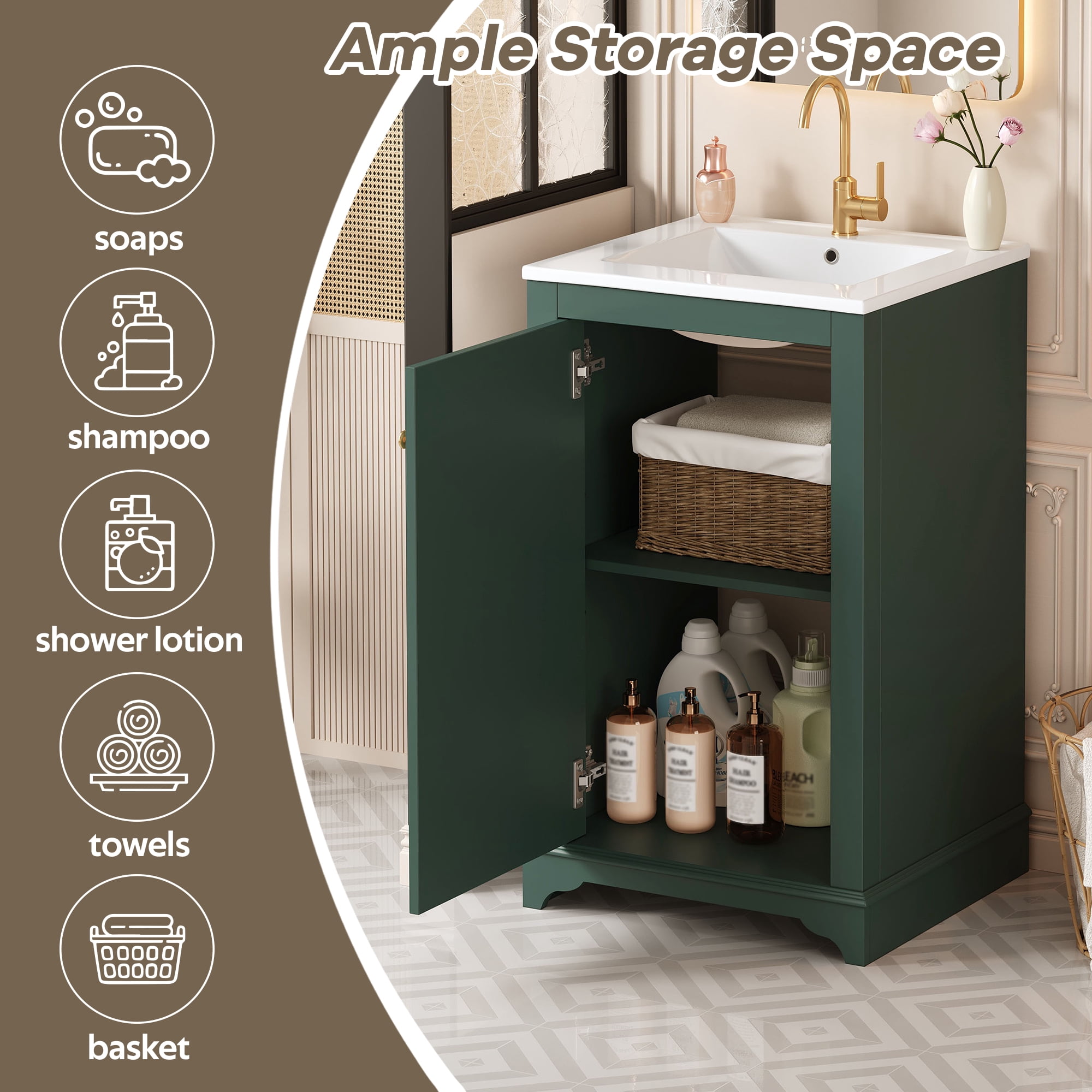 Euroco 20-inch Bathroom Vanity with Ceramic Sink, Freetanding Single Vanity Set with Soft Closing Door, adjustable shelf, Modern Style, Green.