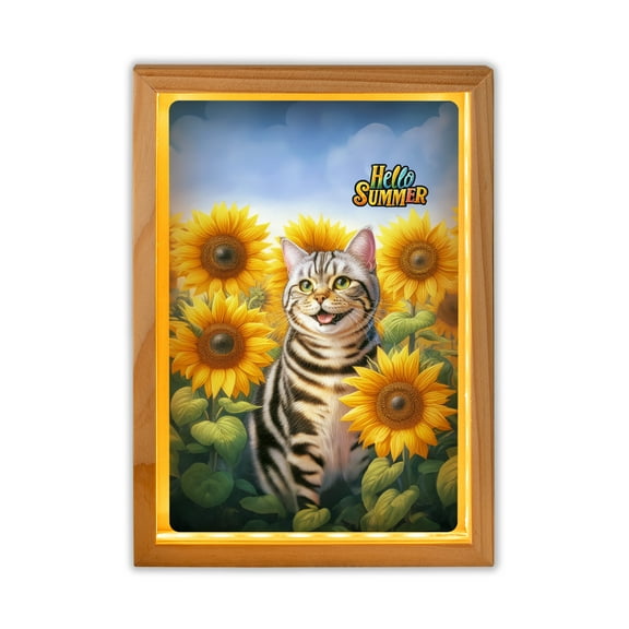 American Shorthair Hello Summer Sunshine Sunflowers Spring Retro Vintage Acrylic Plaque with Wood Photo Frame Box Cat Lover Kitten Owner Gifts Light Box - 00008