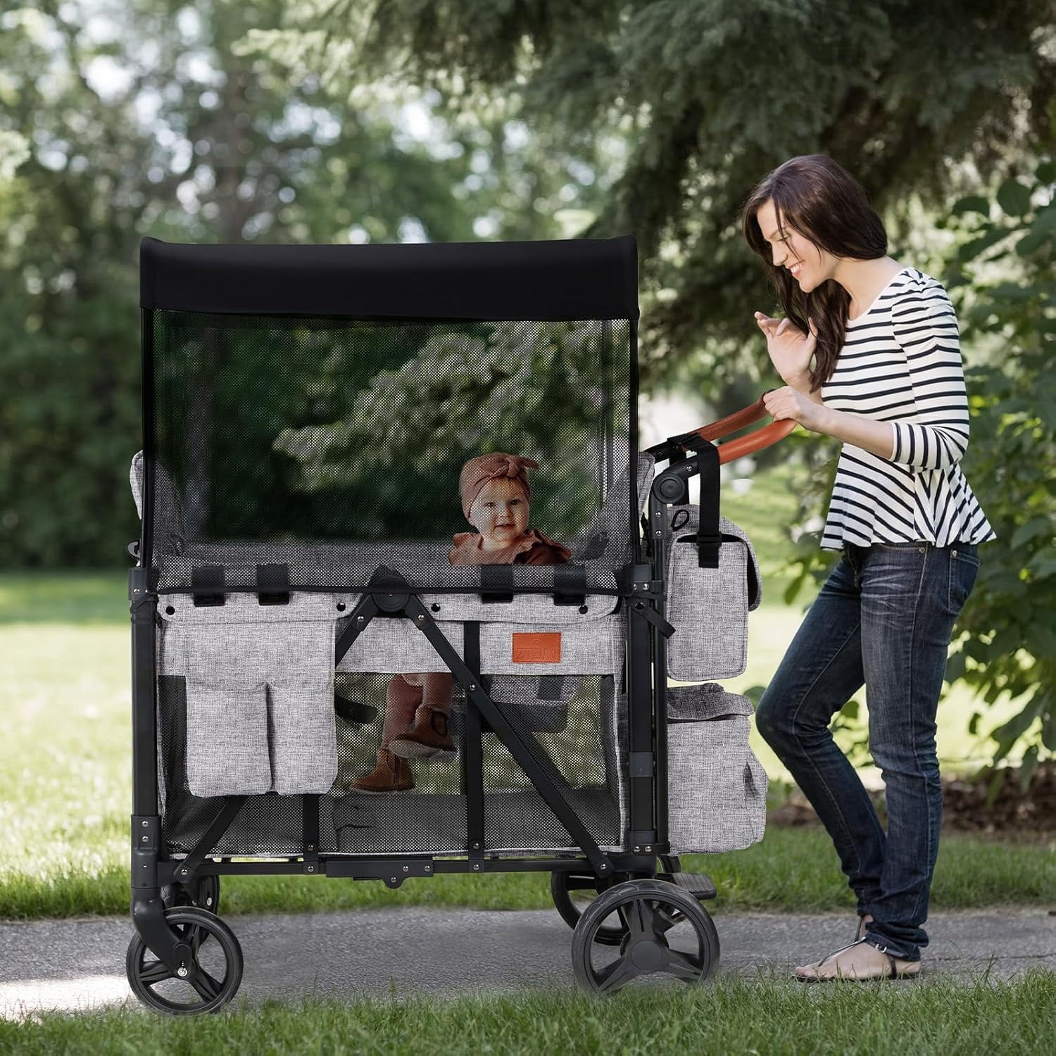 UBesGoo Wagon Stroller for 2 Kids, High Seat & 5 Point Harness, Foldable All-Terrain Wagon for Toddler with Removable Canopy, Adjustable Handlebar, Large Storage Bag, Gray