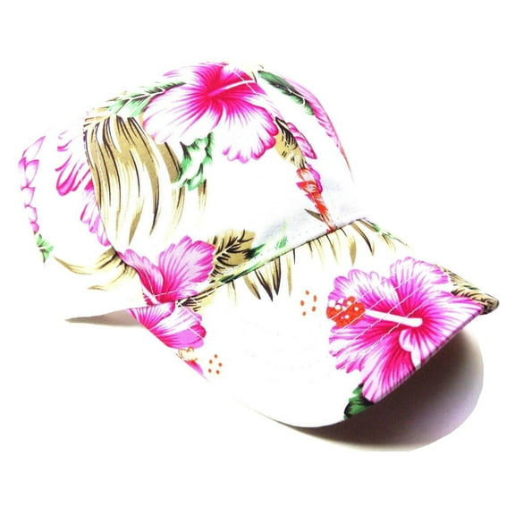 White & Pink Hiibiscus Floral Hawaiian Print Sublimated Curved Bill Dad Hat