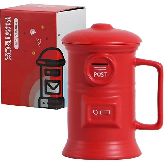Vintage Mailbox Mug with Lid, 500ml Large Ceramic Coffee Cup, Unique Personalized Gift Idea for Tea & Coffee, Dishwasher and Microwave Safe (Red)