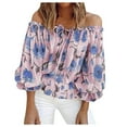 thumbnail image 2 of Lolmot Womens Off Shoulder Chiffon Blouse Sexy 3/4 Sleeve Shirts Loose Fit Tunics Blouses Casual Boho Floral Print Drawstring Shirts Tops, 2 of 5