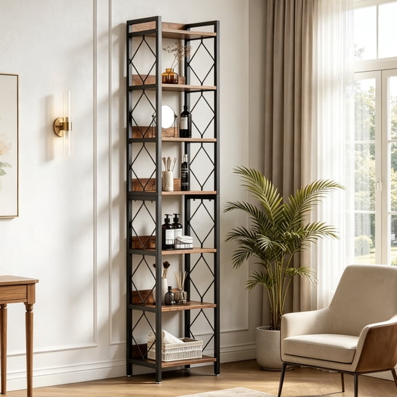 Fnova 78.7" 7-Tier Tall Storage Shelf, Narrow Metal Wood Bookshelf for Small Spaces, Office, Library, Living Room