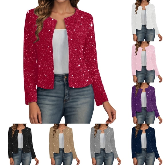 Jane Wardrobe Glitter Sparkle Open Front Cardigan for Women, Long Sleeve Cropped, Shiny Metallic Party Outerwear, 1 Piece, S-XXL, Plus Size Friendly