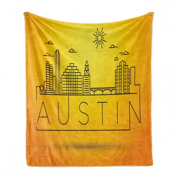 Austin Soft Flannel Fleece Throw Blanket, Minimal Texas City Linear Skyline with Typographic Design Doodled Sun, Cozy Plush for Indoor and Outdoor Use, 50" x 70", Yellow and Orange, by Ambesonne