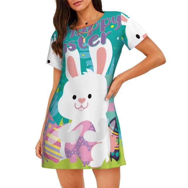 Disketp Happy easter para Camisón Corto de Manga Corta para Mujeres, Camisón Cómodo con Escote Redondo, Bonito y Confortable