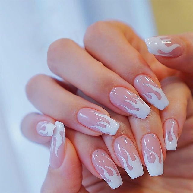 Almond Press On Nails - Perfect Fit Press On Nails Medium Hecho por Soft Gel, fire white Swirl Glue On Nails con Nail Glue JAMW Sencillez