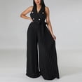 thumbnail image 4 of Summer Jumpsuit for Women Office Collared Button Front Tie Knot Waist Jumper Pleated Wide Leg HolLow Back Work Outfits, Black, S, 4 of 7