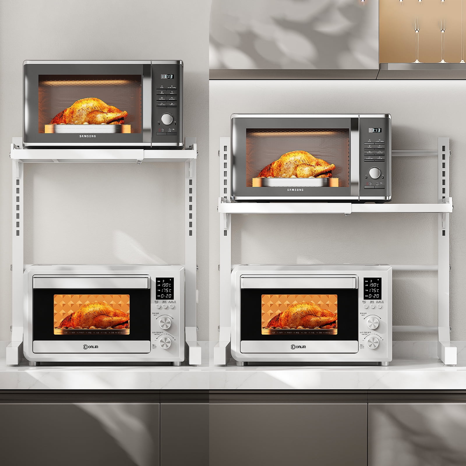 ABCOOL Retractable Adjustable 2 Axial Snap-in Kitchen Baker Microwave Oven Rack, Expandable and Height Adjustable Carbon Steel Shelf Counter Countertop with 3 Clip Hooks, Electric Oven Holder