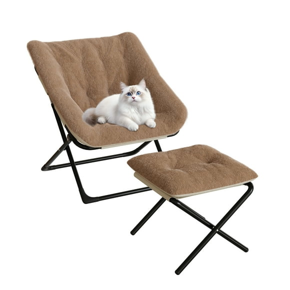 Fauteuil Soucoupe Pliant Surdimensionné avec Ottoman – Fourrure de Lapin Café Super Douce – Cadre en Métal Robuste – Fauteuil de Détente et de Lecture Confortable pour Salon, Chambre, Dortoir – Ensemble Gain de Place – avec Repose-Pieds