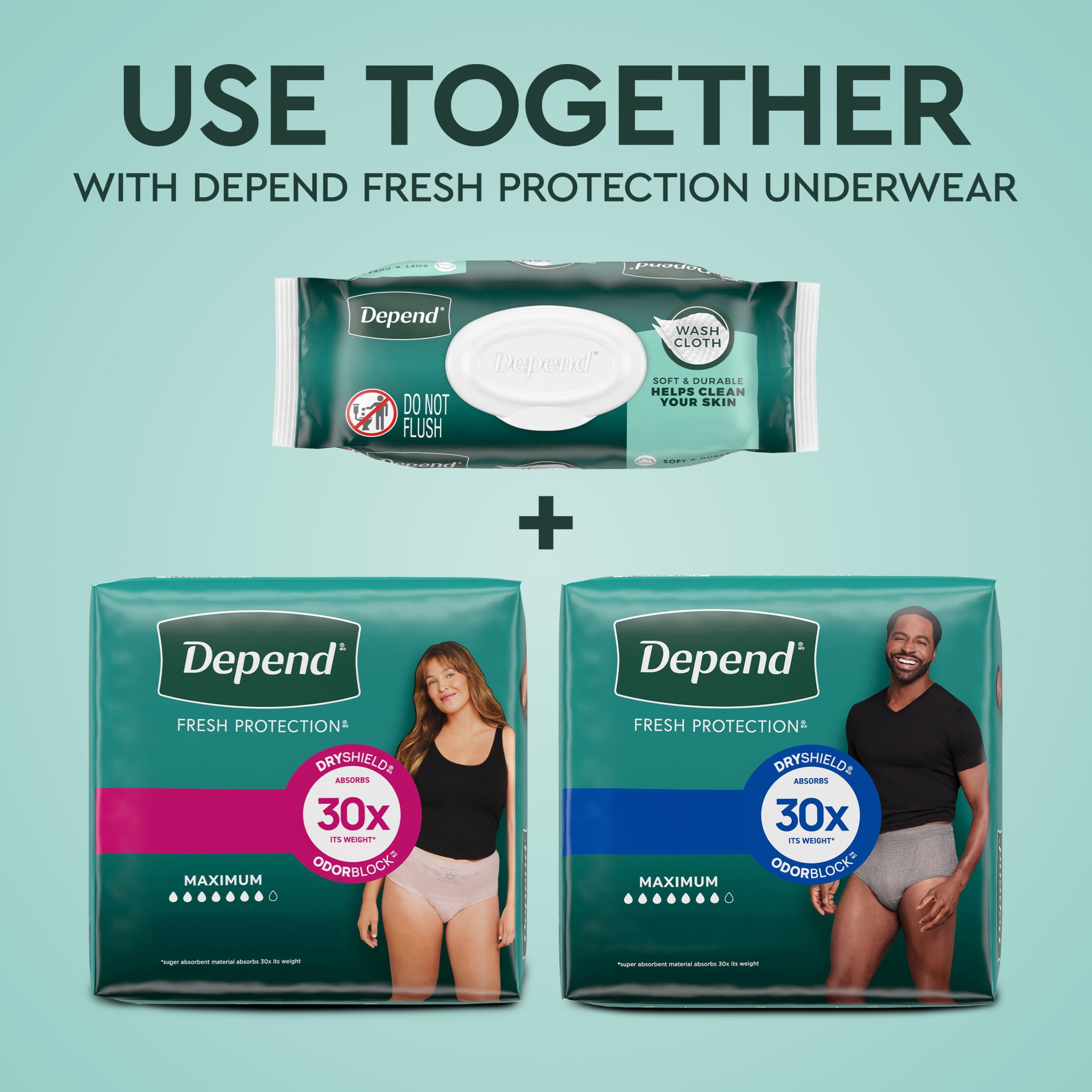 Depend XL Disposable Washcloths for Adults, 8 Flip-Top Packs, 42 Wipes Per Pack (336 Wipes Total)