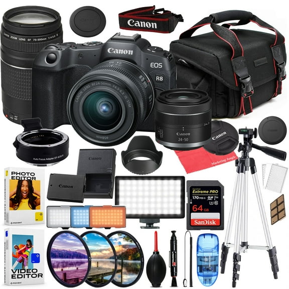 Canon EOS R8 Mirrorless Camera with RF 24-50mm & EF 75-300mm Lens Bundled Kit   Accessory Package with LED Video Light, HD Filters, 64GB Extreme SD, Case, & Editing Software Package