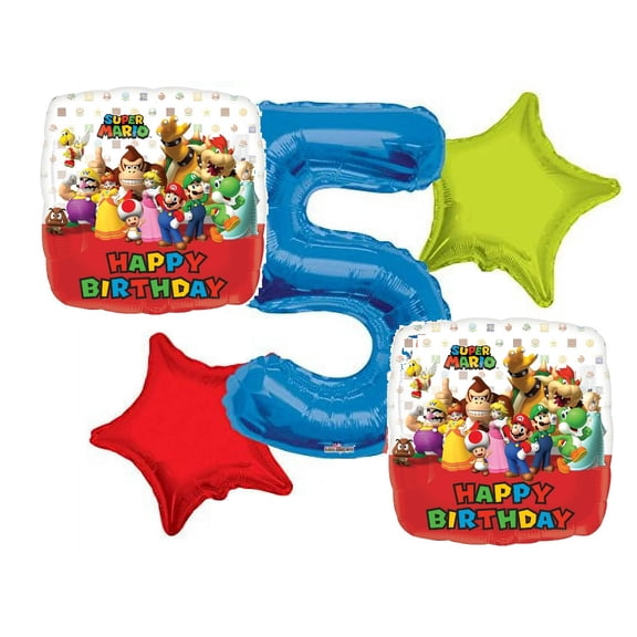 Super Mario Balloon Bouquet 5th Birthday 5 pcs - Party Supplies