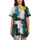 thumbnail image 1 of Fotbe Abstract Brushstrokes Green Blue Conjunto de Pijama Estampado para Mujer, 2 Piezas, Ropa de Dormir con Camiseta de Manga Corta y Shorts Suaves-4X-Large, 1 of 6