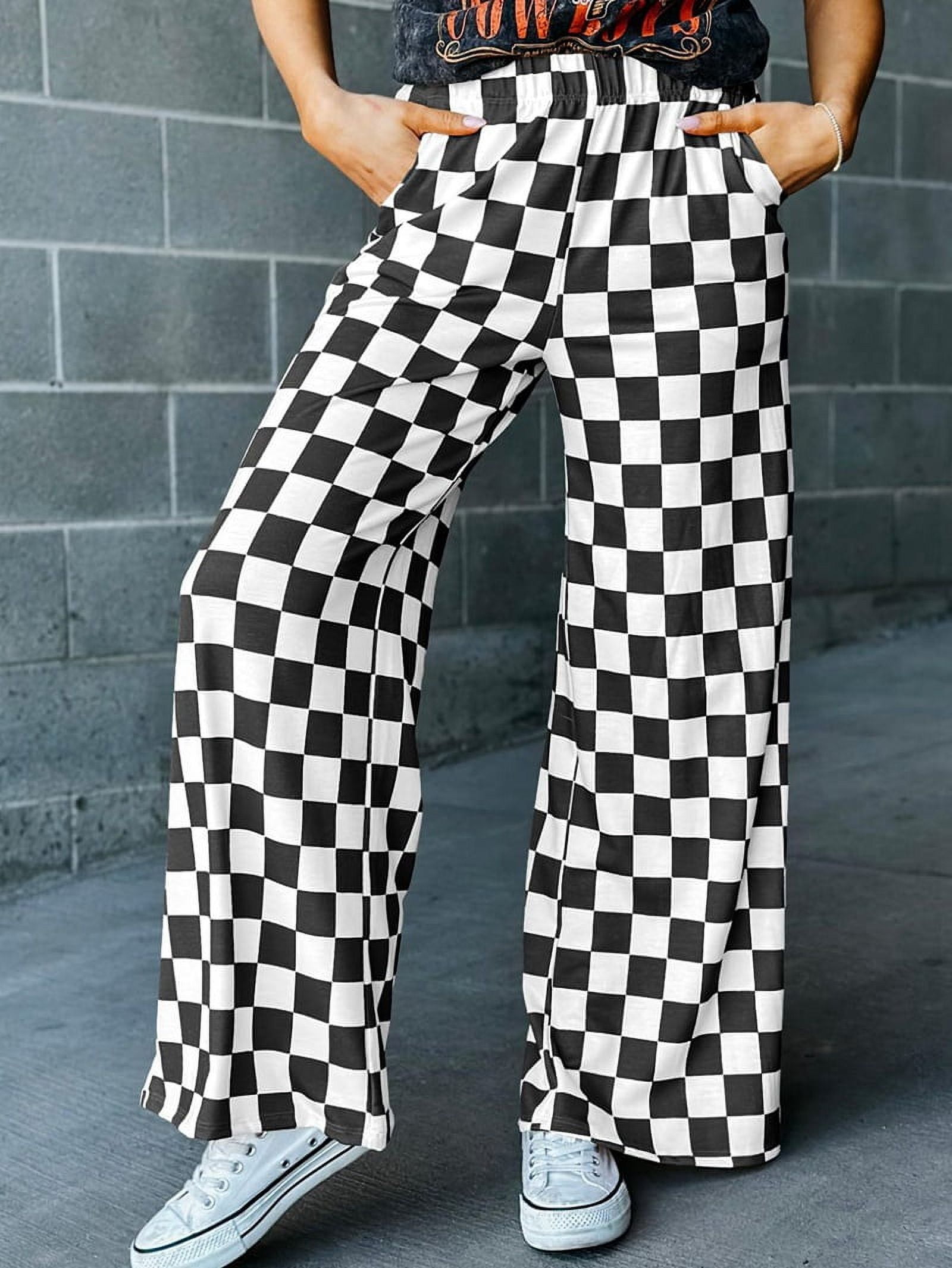 Women's Checkered Pants Wide Leg with Elastic Waist & Pockets Comfortable Casual