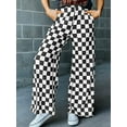 thumbnail image 4 of Women's Checkered Pants Wide Leg with Elastic Waist & Pockets Comfortable Casual Black XL, 4 of 7