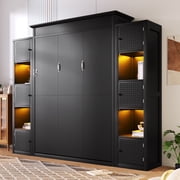 Euroco Wood Queen Size Murphy Bed with Shelves, Convertible Wall Bed with LED Light, Black