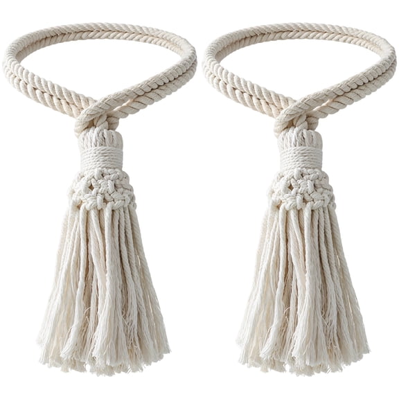 2 Pcs White Boho Macrame Curtain Tiebacks, 23.6 in Handwoven Polyester Cotton Rope Drapery Holder with Tassel Design, Decorative Window Dressing for Living Room Bedroom Garden, No Hooks Needed