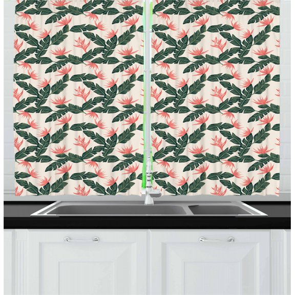Ambesonne Jungle Kitchen Curtains, Exotic Flora and Leaves, 55"x39", Army Green Coral Ivory
