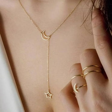 Lordgold Fashion Moon Star Pendant Choker Necklace 14K Yellow Gold Chain Necklace Necklace For Women Party Jewelry Archery Necklaces
