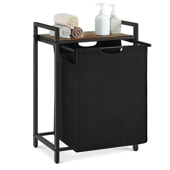 Laundry Hamper, Laundry Basket, 17.2 gal Laundry Sorter with A Pull-Out and Removable Bag, Shelf, Metal Frame, 19.7 x 13 x 28.4 in Black and Rustic Brown
