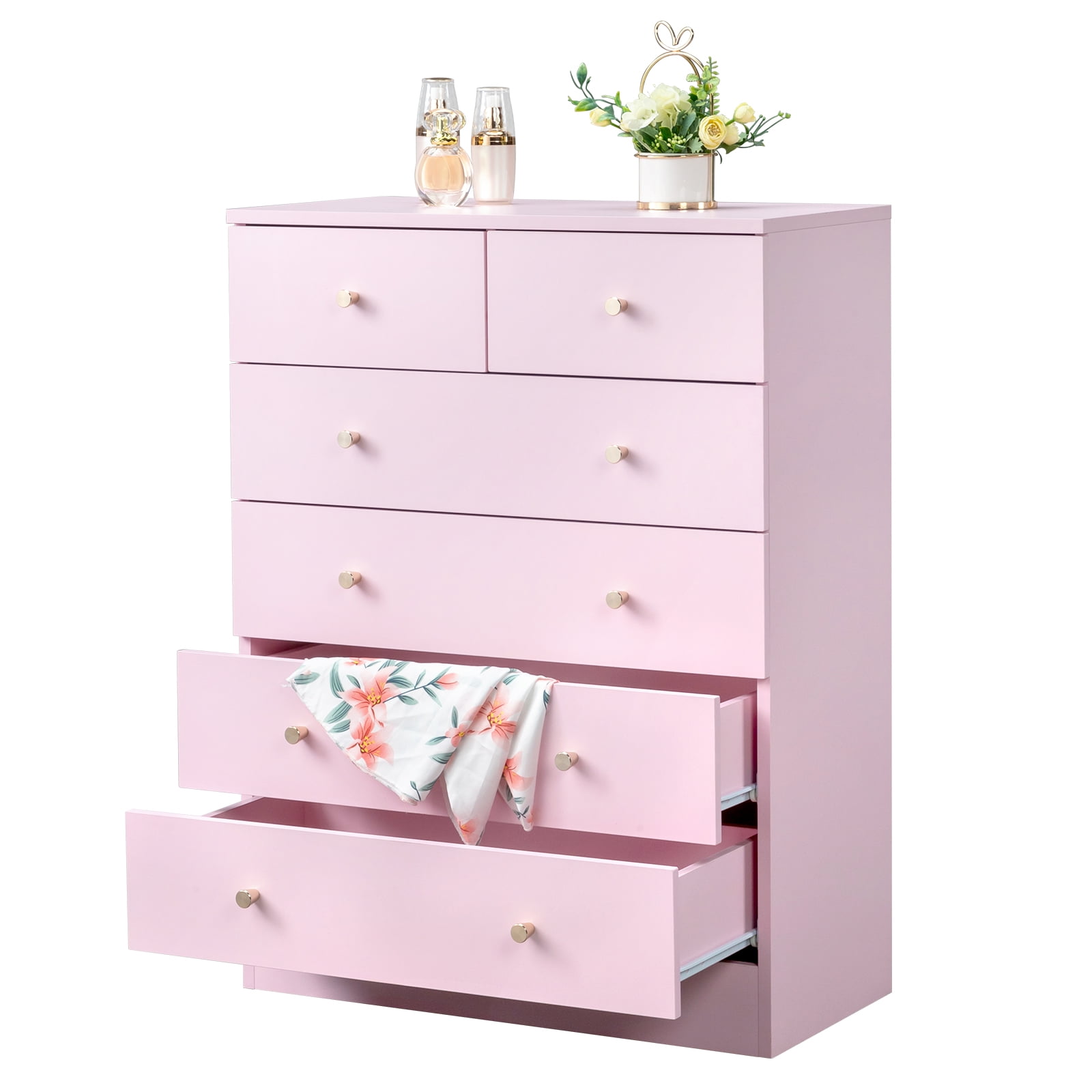 5-Tier 6-Drawer Cabinet with Matte Gold Handles, Particleboard Storage Dresser, Pink, 25.98 x 12.99 x 35.04 in