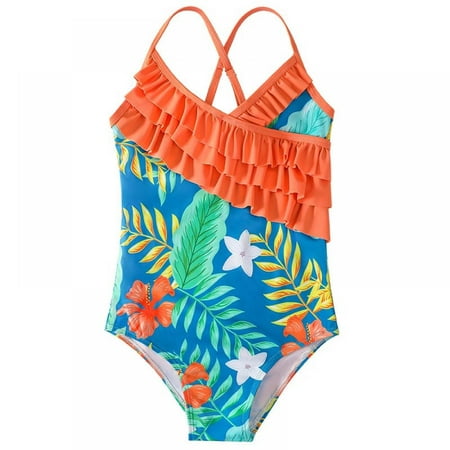 

Esho Girls Summer One-Piece Swimsuits Strap Bathing Suit Toddler Teenage Girl Ruffled Floral Swimwear Beach Wear 3-12 Years