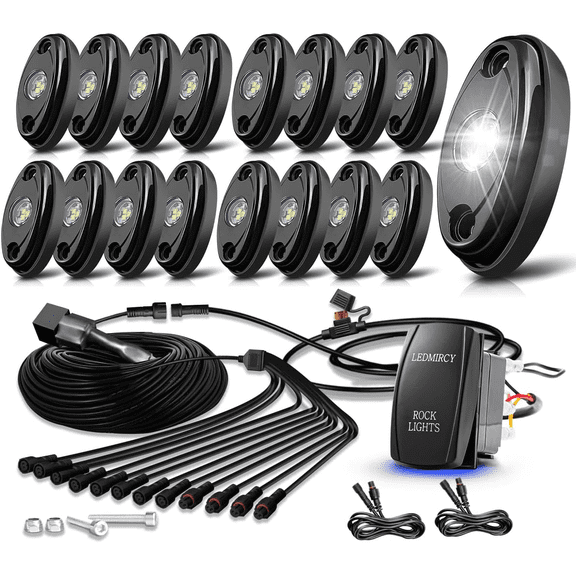 LEDMIRCY White Rock Lights,R1 Pure White Rock LightsKit with Rocker Switch Wiring Harness 16PCS for UTV Off Road Trucks ATV Underglow Light High Power Trail Rig Light Under Body Waterproof Shockproof