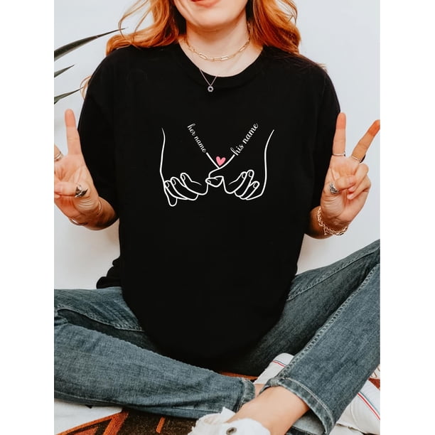 Camisetas de algodón para San Valentín para él y para ella - Negras con estampado de corazón de mano en mano, cuello redondo informal, 100 % algodón, regalo perfecto para parejas, prenda informal cómo