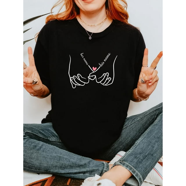 His & Hers Valentine's Day Cotton T-Shirts - Black with Heartfelt Hand-in-Hand Print, Casual Round NCamisetas para mujer, lindas camisetas con estampado gráfico, de manga corta, estilo casual, para ve