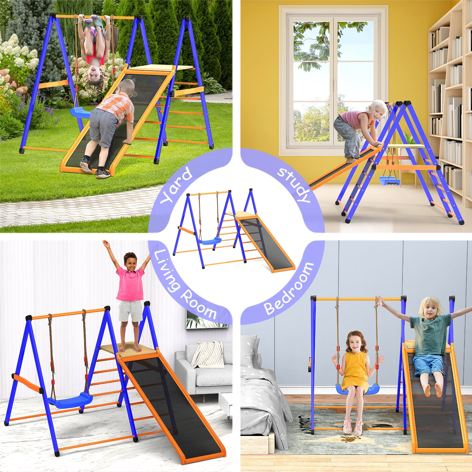 ​XIEWEI 4 in 1 Indoor Jungle Gym Playset with Swing and Slide Durable Metal Climber for Kids