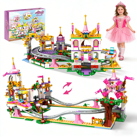 Friends Roller Coaster Castle Building Set 749 Pcs Pink Princess Amusement Park STEM Construction Kit Educational Building Toys Christmas Birthday Gifts for Kids Girls Boys Age 6+
